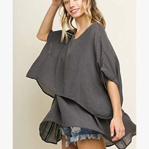 Umgee Layered  Top Blouse Medium Lagonlook Short Sleeve